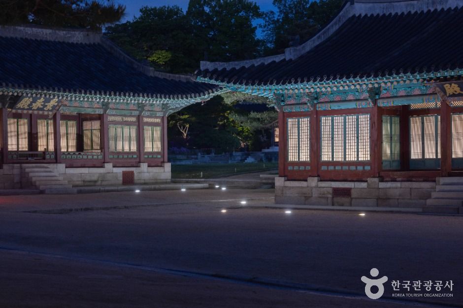 야간 조명이 켜진 창경궁 전각. 처마 아래 창호에서 불빛이 새어 나온다